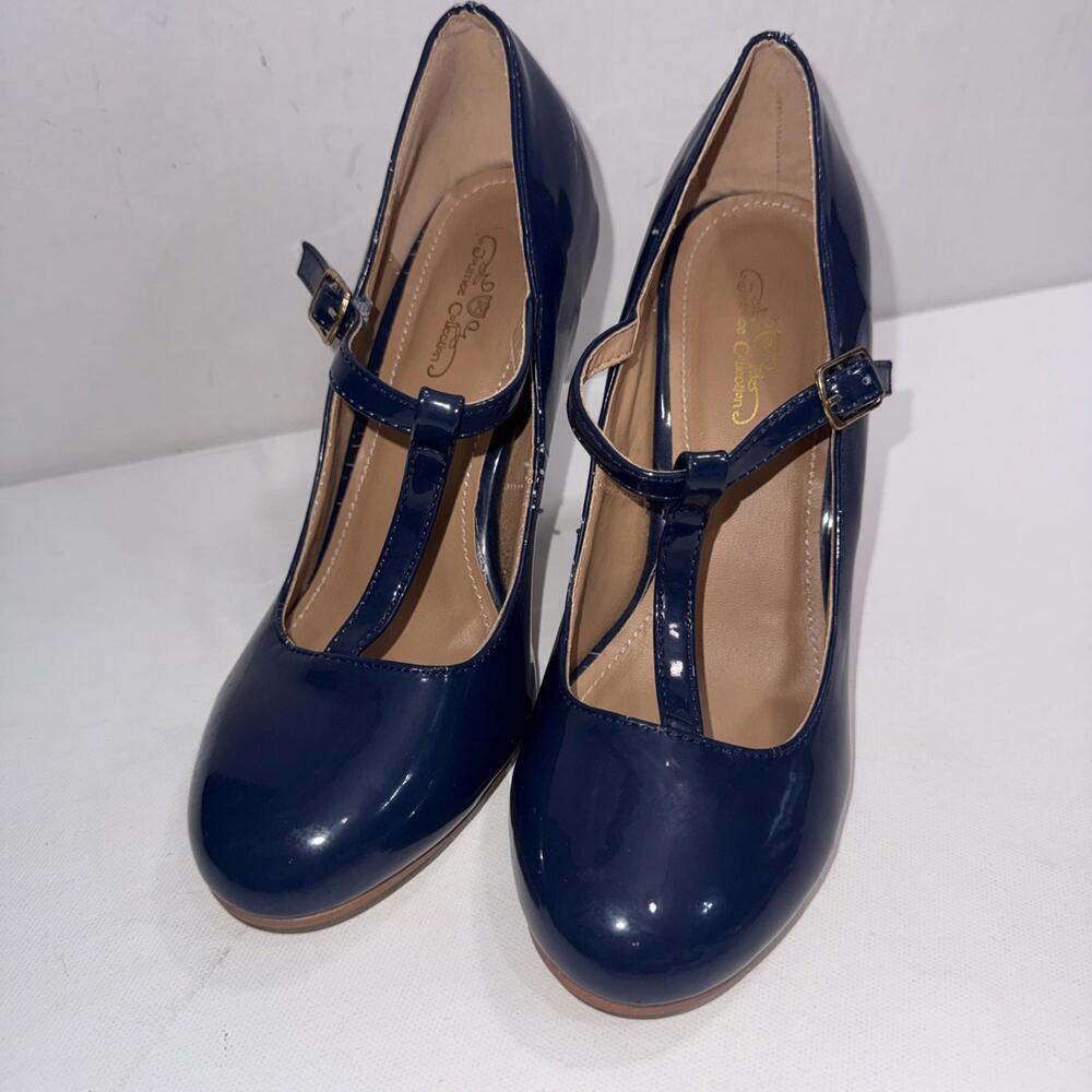 Journee Collection Old Money Business Casual Formal T Strap Stiletto Blue Pumps